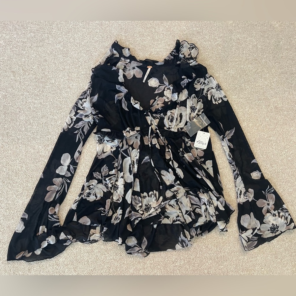 Free People Black and Cream Floral Blouse